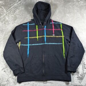 DC Shoes Hoodie Mens XL Black Full Zip Skater Colorful Shoelace Plaid Y2K Grunge
